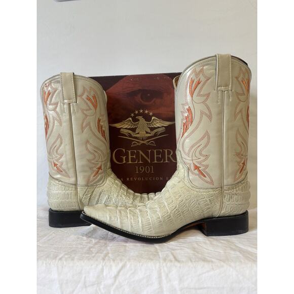El General Cowboy Boots Ivory/orange Leather Gator Hornback Mens Sz 8 - Picture 4 of 12